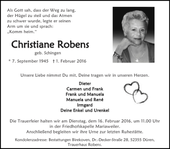 Traueranzeige von Christiane R Christiane Robens obens von Super Sonntag / Super Mittwoch