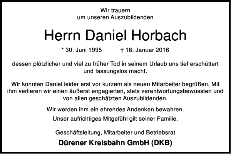  Traueranzeige für Daniel Horbach vom 21.02.2016 aus Super Sonntag / Super Mittwoch