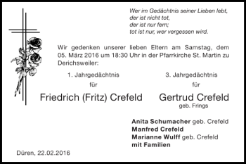 Traueranzeige von Friedrich Fritz Crefeld Gertrud Crefeld von Super Sonntag / Super Mittwoch