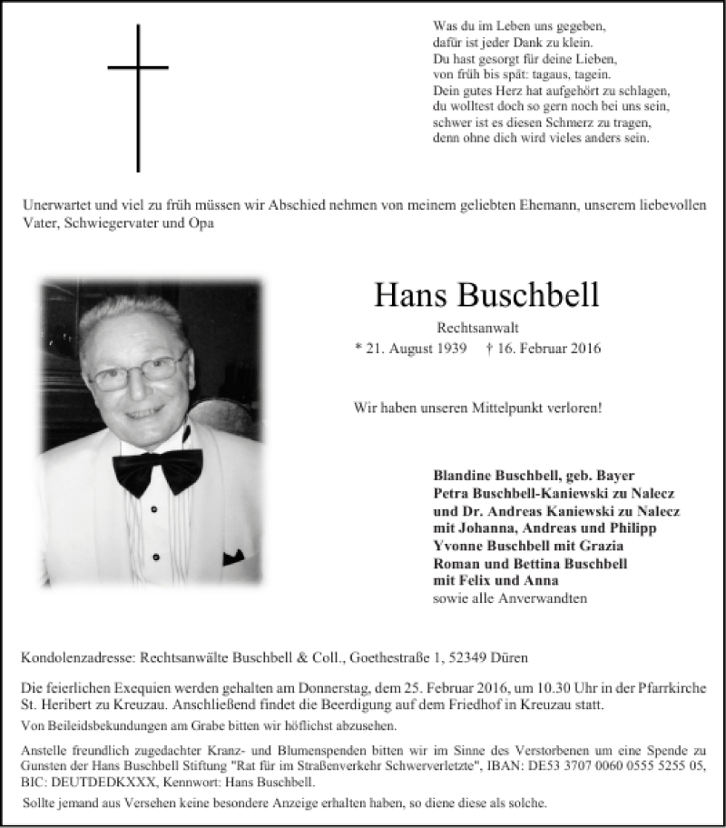  Traueranzeige für Hans Buschbell vom 20.02.2016 aus Aachener Zeitung / Aachener Nachrichten
