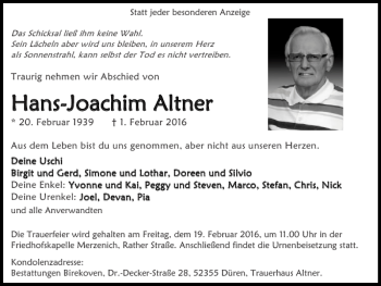Traueranzeige von Hans-Hans-Joachim Al Joachim Altner tner von Super Sonntag / Super Mittwoch