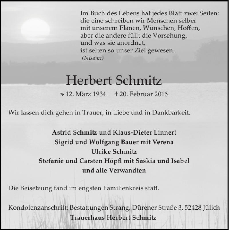  Traueranzeige für Herbert Schmitz vom 28.02.2016 aus Super Sonntag / Super Mittwoch