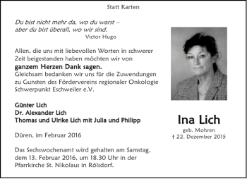 Traueranzeige von IIna Lich na Lich von Aachener Zeitung / Aachener Nachrichten