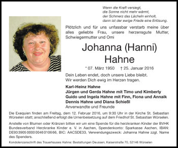 Traueranzeige von Johanna Hanni Hahne von Super Sonntag / Super Mittwoch