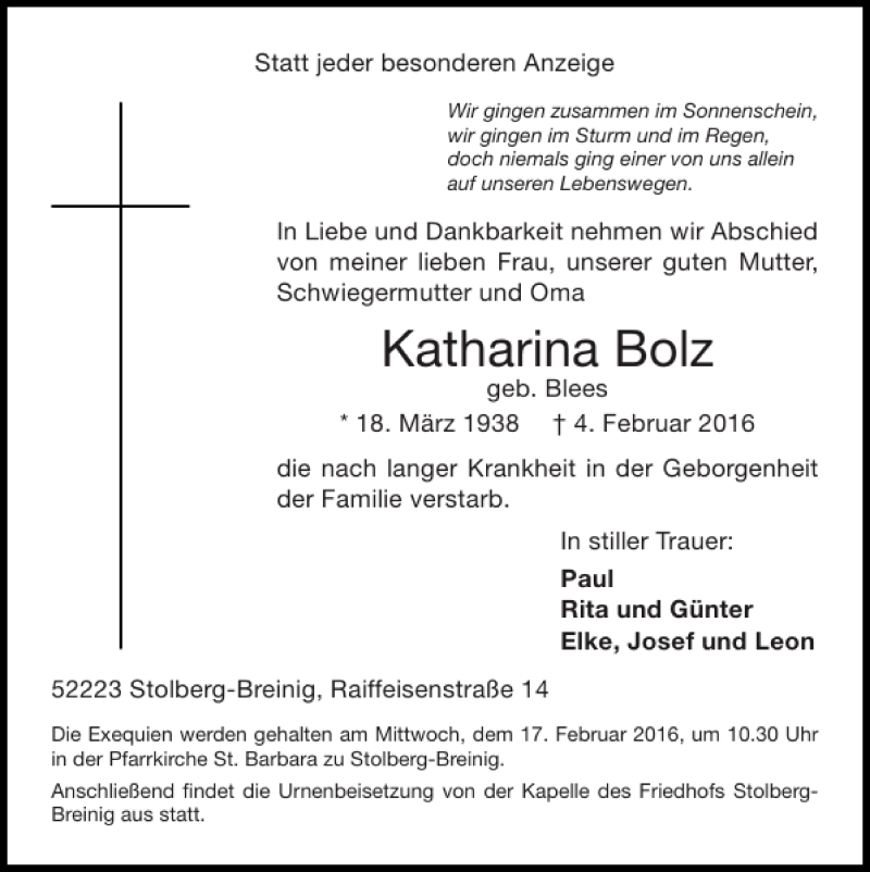  Traueranzeige für Katharina Bolz vom 14.02.2016 aus Super Sonntag / Super Mittwoch