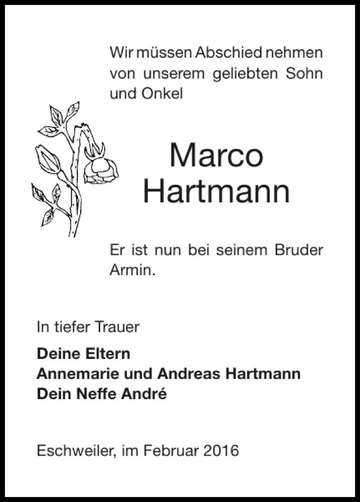 Traueranzeige für Marco Hartmann vom 28.02.2016 aus Super Sonntag / Super Mittwoch