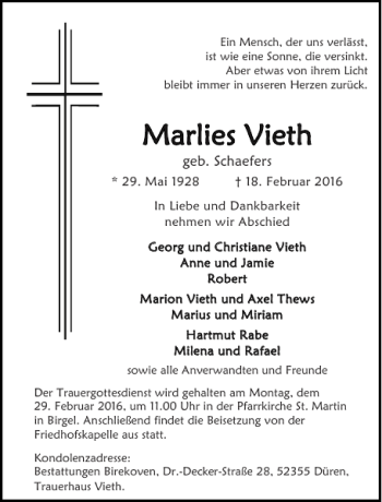 Traueranzeige von Marl Marlies Vieth ies Vieth von Aachener Zeitung / Aachener Nachrichten