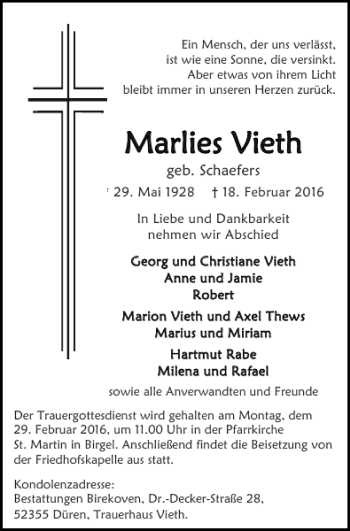 Traueranzeige von Marl Marlies Vieth ies Vieth von Super Sonntag / Super Mittwoch