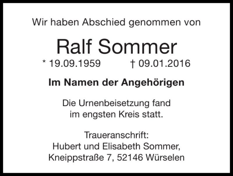  Traueranzeige für Ralf Sommer vom 14.02.2016 aus Super Sonntag / Super Mittwoch