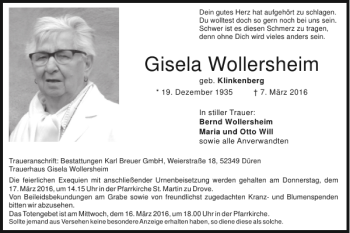 Traueranzeige von Gisela Wollersheim von Super Sonntag / Super Mittwoch