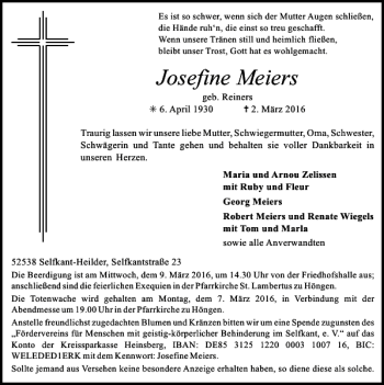 Traueranzeige von Josefine Meiers von Super Sonntag / Super Mittwoch