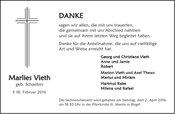 Traueranzeige von M Maarlrlie iess Vieth Vieth von Aachener Zeitung / Aachener Nachrichten
