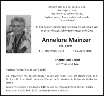 Traueranzeige von Annelore Mainzer von Super Sonntag / Super Mittwoch