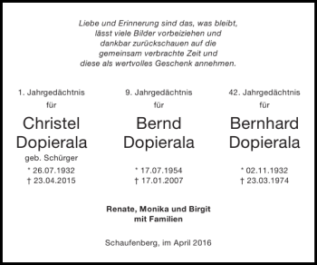 Traueranzeige von Christel Bernd Bernhard Dopierala Dopierala Dopierala  von Super Sonntag / Super Mittwoch