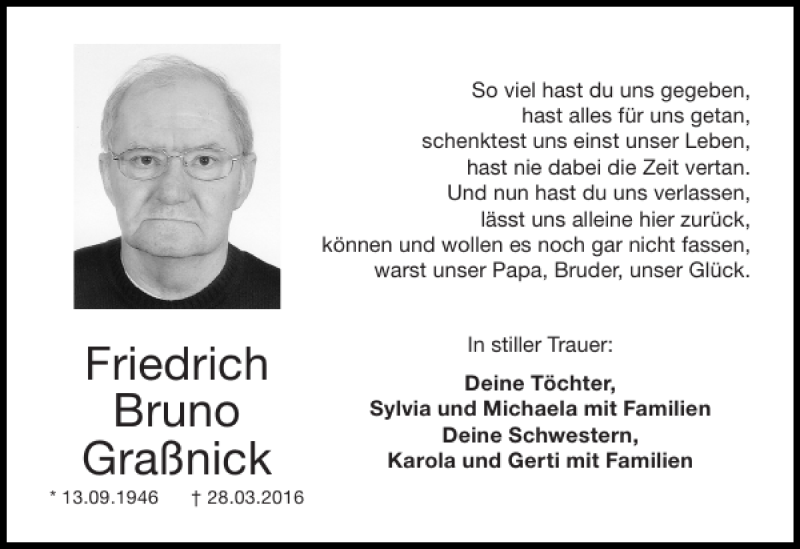  Traueranzeige für Friedrich Bruno Graßnick vom 06.04.2016 aus Super Sonntag / Super Mittwoch