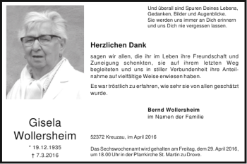 Traueranzeige von Gisela Wollersheim von Super Sonntag / Super Mittwoch