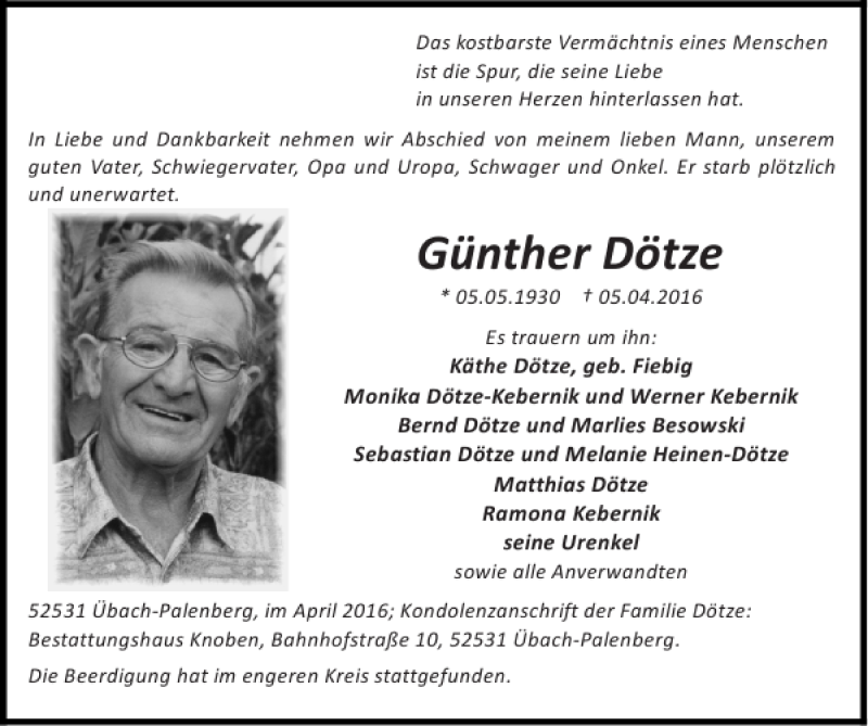  Traueranzeige für Günther Dötze vom 10.04.2016 aus Super Sonntag / Super Mittwoch
