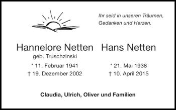 Traueranzeige von Hannelore Netten Hans Netten von Super Sonntag / Super Mittwoch