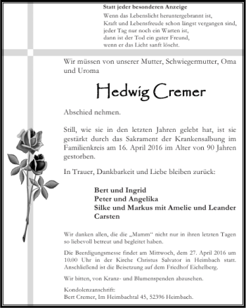 Traueranzeige von Hedwigg Cremer Hedwi Cremer von Super Sonntag / Super Mittwoch