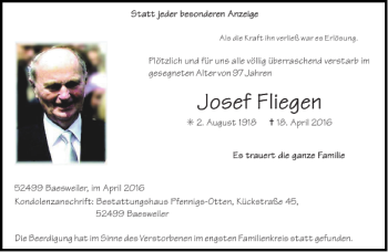 Traueranzeige von Josef Fliegen Josef Fliegen von Aachener Zeitung / Aachener Nachrichten