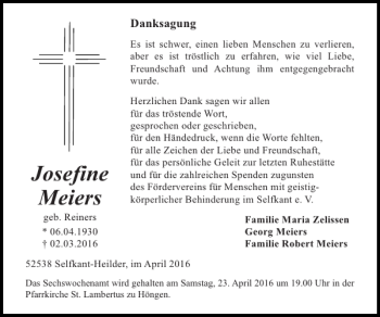 Traueranzeige von Josefine Meiers von Super Sonntag / Super Mittwoch