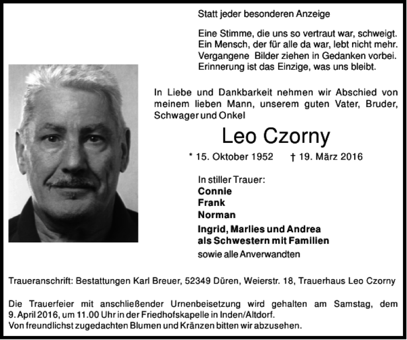  Traueranzeige für Leo Czorny vom 03.04.2016 aus Super Sonntag / Super Mittwoch
