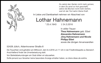 Traueranzeige von Lothar Hahnemann von Super Sonntag / Super Mittwoch