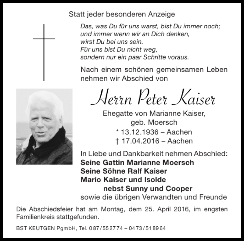Refrein Cadeau Oorlogszuchtig Traueranzeigen von Peter Kaiser | Aachen gedenkt
