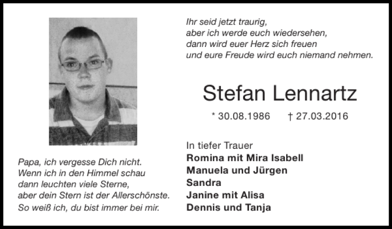  Traueranzeige für Stefan Lennartz vom 03.04.2016 aus Super Sonntag / Super Mittwoch