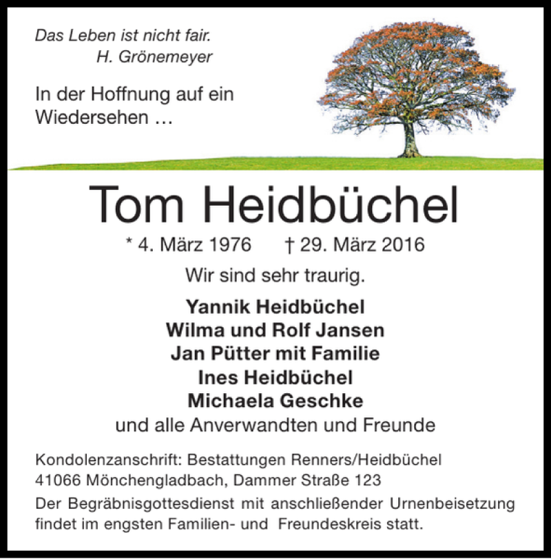  Traueranzeige für Tom Heidbüchel vom 10.04.2016 aus Super Sonntag / Super Mittwoch