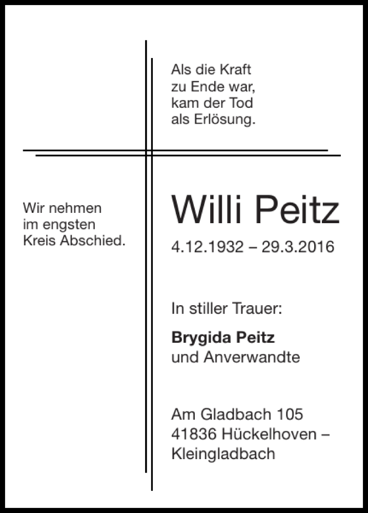 Traueranzeigen von Willi Peitz Aachen gedenkt