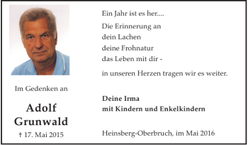 Traueranzeige von Adolf Grunwald von Super Sonntag / Super Mittwoch