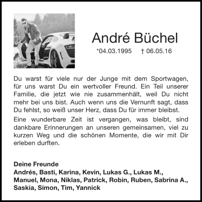  Traueranzeige für André Büchel vom 22.05.2016 aus Super Sonntag / Super Mittwoch