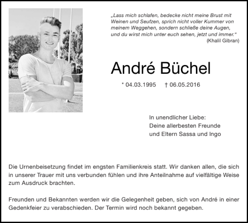  Traueranzeige für André Büchel vom 22.05.2016 aus Super Sonntag / Super Mittwoch