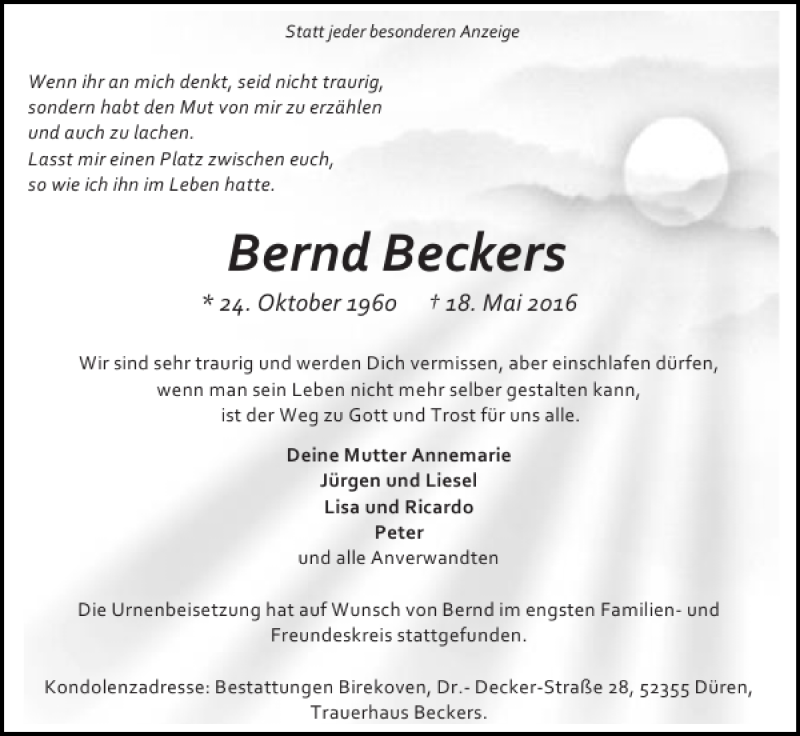  Traueranzeige für Bernd Beckers vom 29.05.2016 aus Super Sonntag / Super Mittwoch