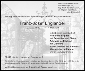 Traueranzeige von Franz-Josef Engländer von Super Sonntag / Super Mittwoch