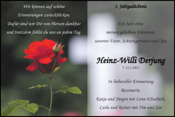 Traueranzeige von Heinz-Heinz-Wi Willi Derjung lli Derjung von Super Sonntag / Super Mittwoch