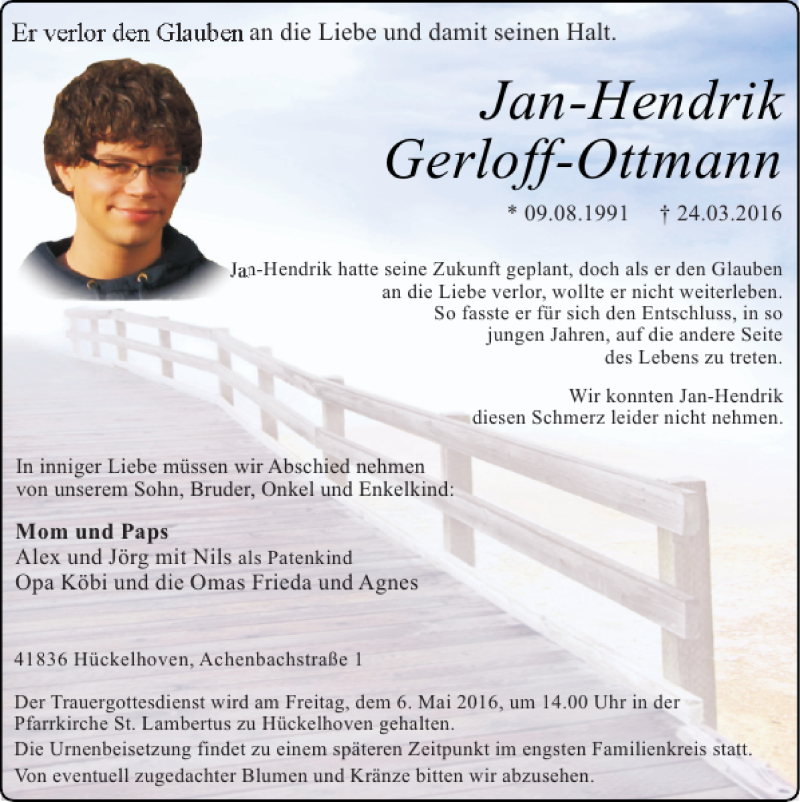  Traueranzeige für Jan-Hendrik Gerloff-Ottmann vom 01.05.2016 aus Super Sonntag / Super Mittwoch