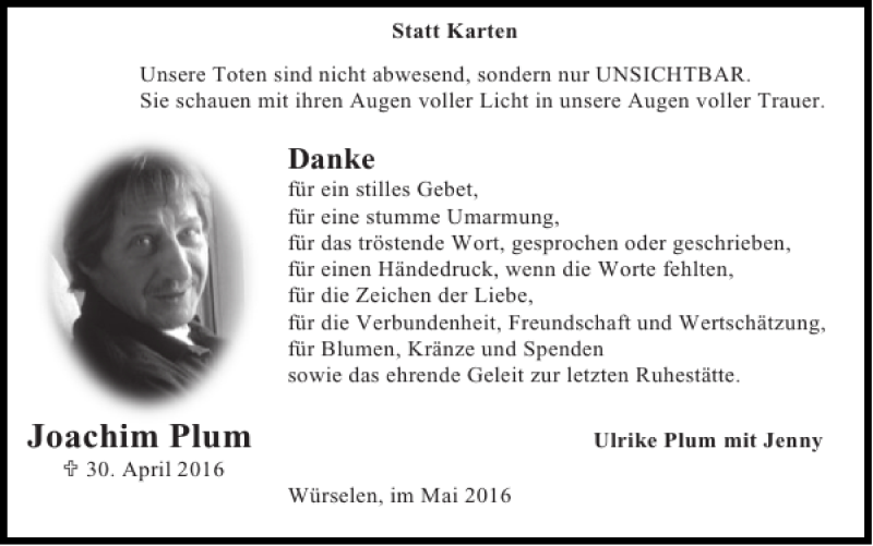 Traueranzeigen von Joachim Plum Aachen gedenkt