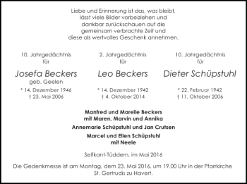 Traueranzeige von Josefa Beckers Leo Beckers Dieter Schüpstuhl  von Super Sonntag / Super Mittwoch