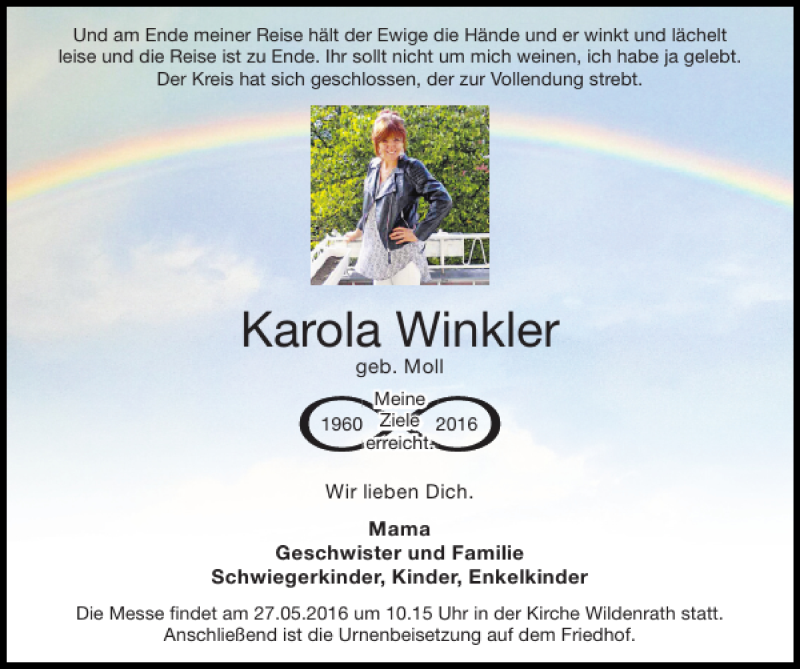  Traueranzeige für Karola Winkler vom 22.05.2016 aus Super Sonntag / Super Mittwoch