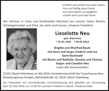 Traueranzeige von Lieselotte Neu von Super Sonntag / Super Mittwoch