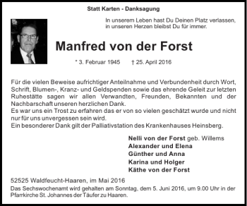 Traueranzeige von Manfred von der Forst von Super Sonntag / Super Mittwoch