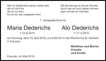 Traueranzeige von Maria Dederichs Alo Dederichs von Super Sonntag / Super Mittwoch
