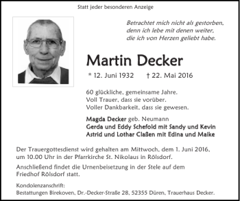 Traueranzeige von Martin Decker Martin Decker von Super Sonntag / Super Mittwoch