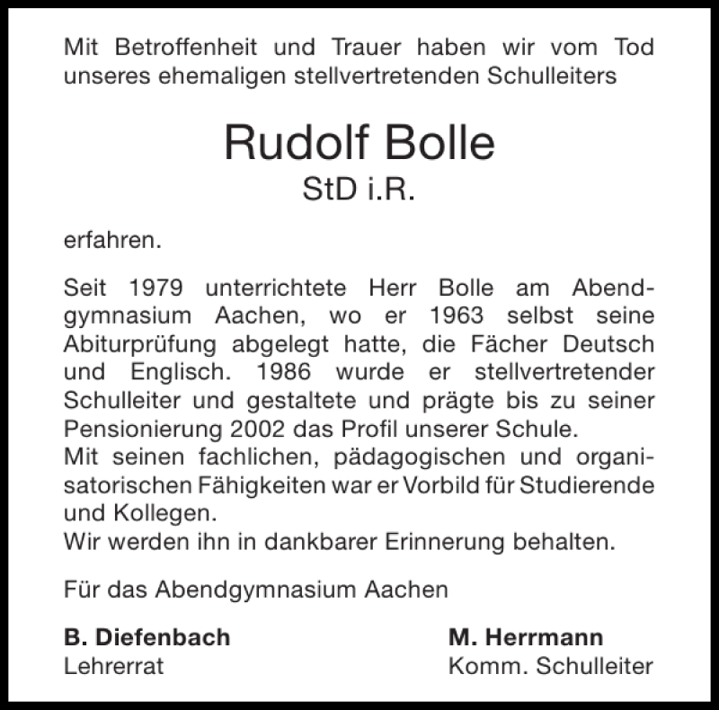  Traueranzeige für Rudolf Bolle vom 28.05.2016 aus Aachener Zeitung / Aachener Nachrichten
