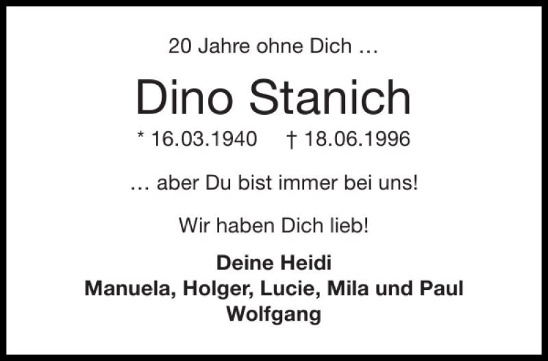  Traueranzeige für Dino Stanich vom 18.06.2016 aus Aachener Zeitung / Aachener Nachrichten