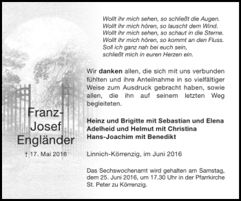 Traueranzeige von Franz-Josef Engländer von Super Sonntag / Super Mittwoch