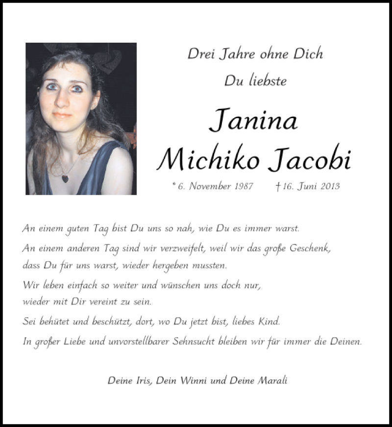  Traueranzeige für Janina Michiko Jacobi vom 11.06.2016 aus Aachener Zeitung / Aachener Nachrichten