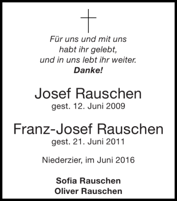 Traueranzeige von Josef RauschenFranz-Josef Rauschen von Super Sonntag / Super Mittwoch